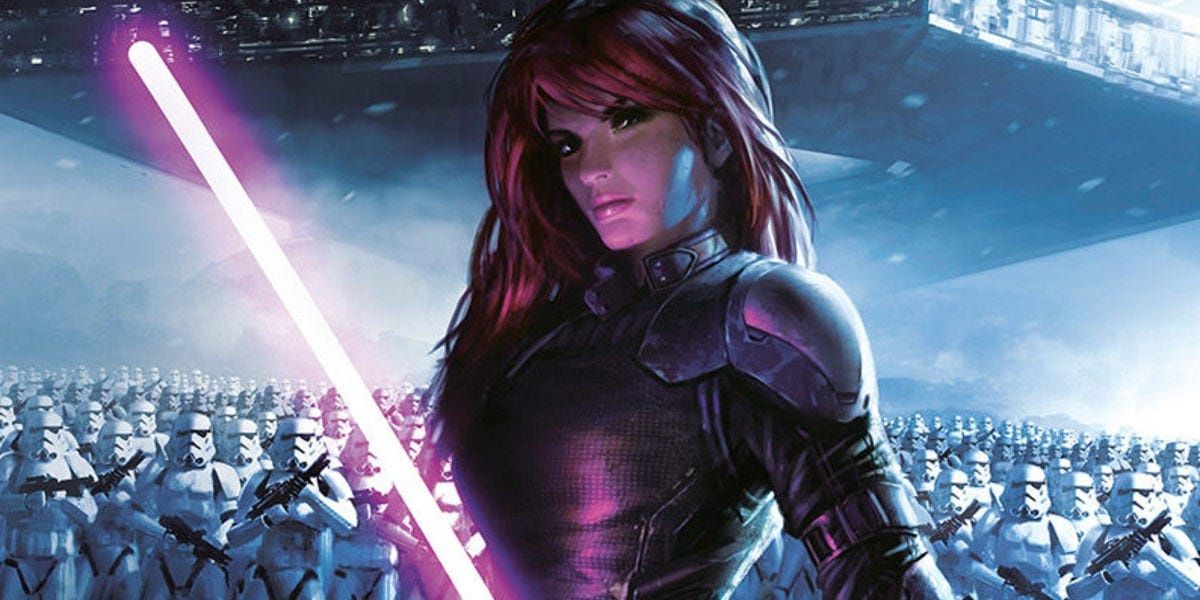 Mara Jade Wielding A Magenta Lightsaber With Stormtroopers In The Background