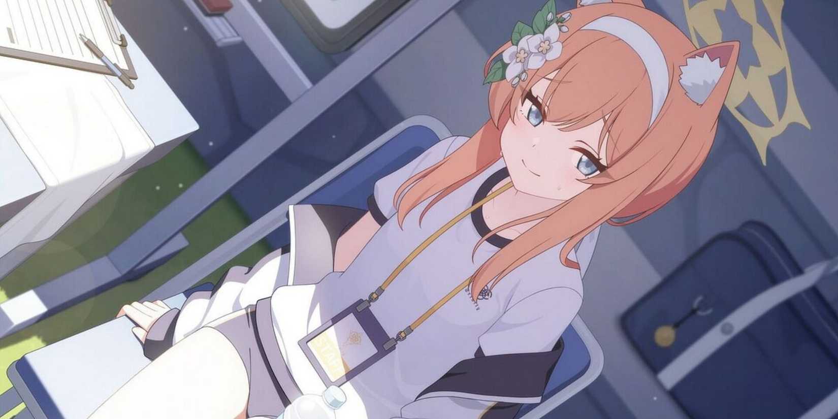 Mari (Sportswear) sitting while smiling with a bottle of water in her hand