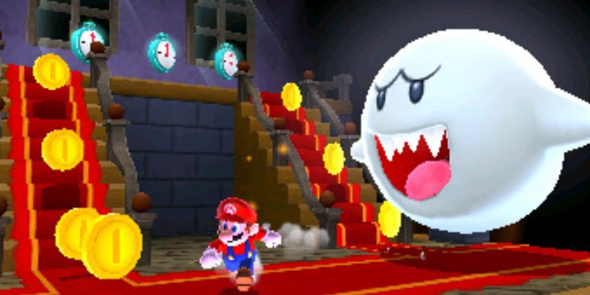 mario running away from a boo in 3d land