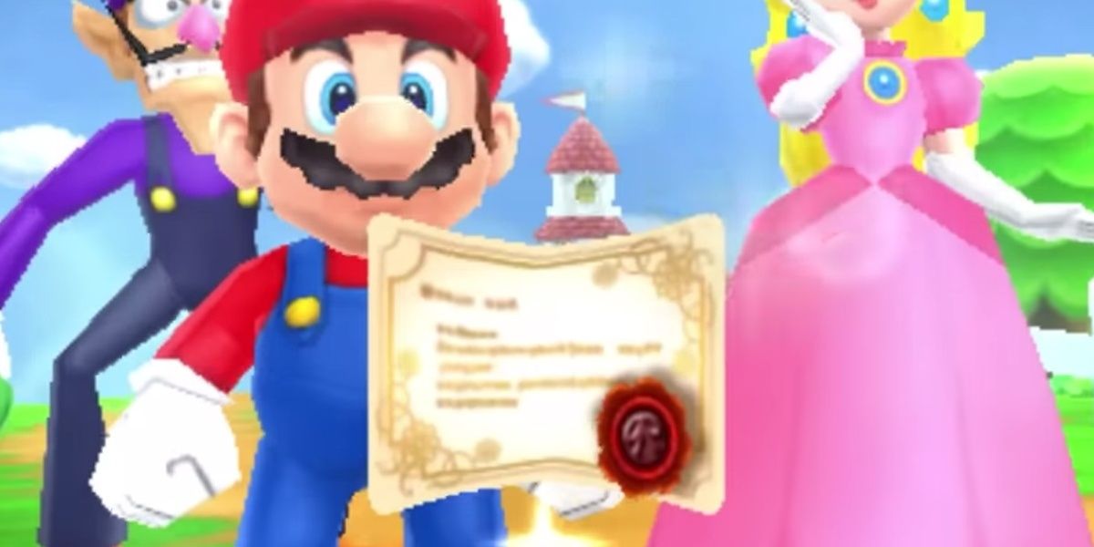 mario, peach and waluigi standing in front of peach's castle