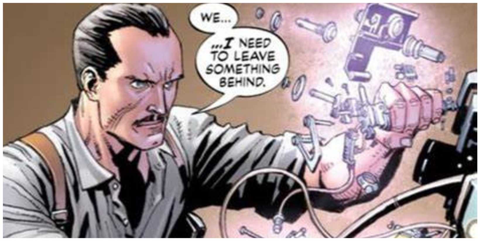 Howard Stark holding a metal machine part in the Marvel comics