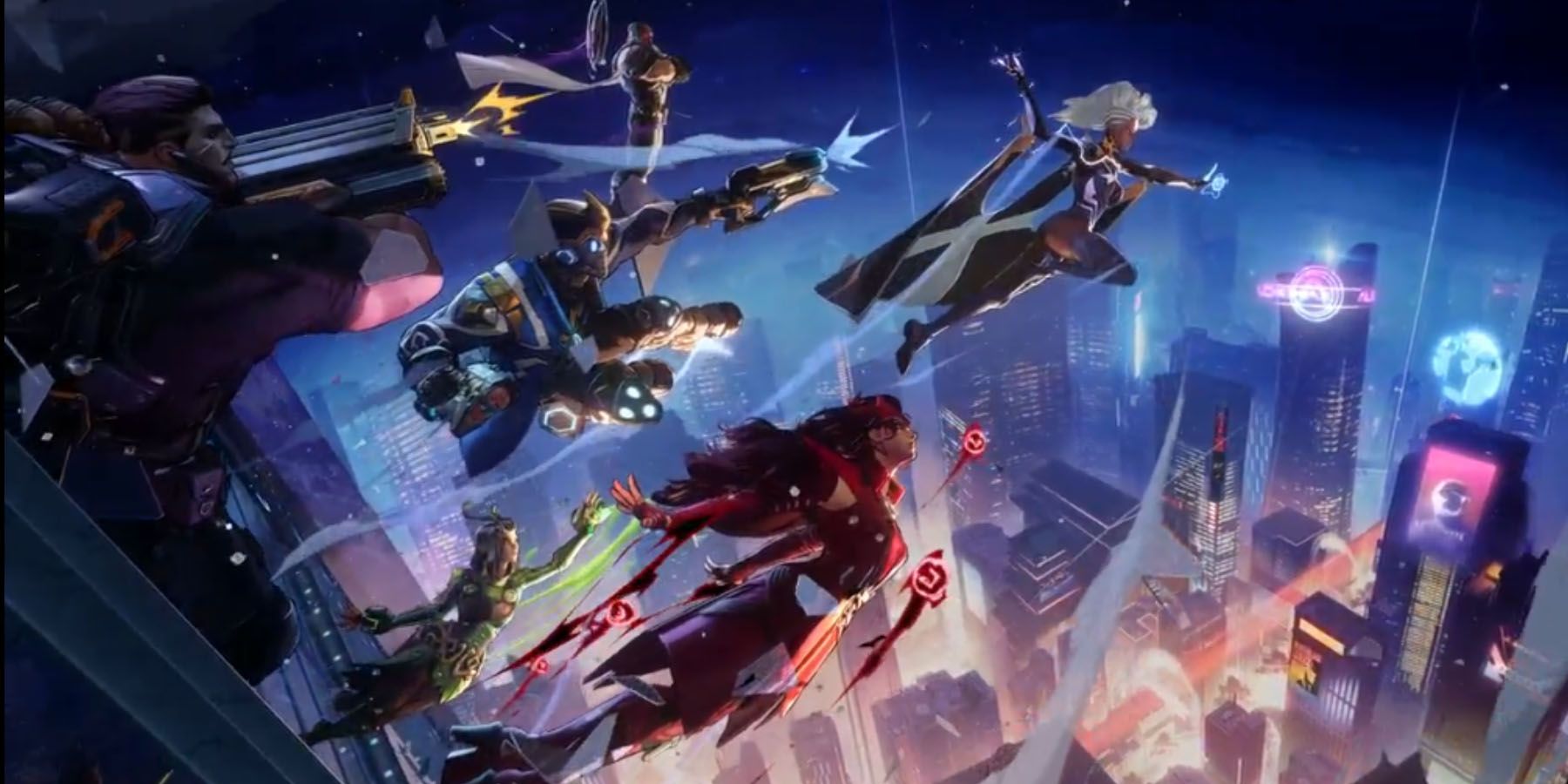 A promotional image of various characters fighing across a nightime city in Marvel Rivals.