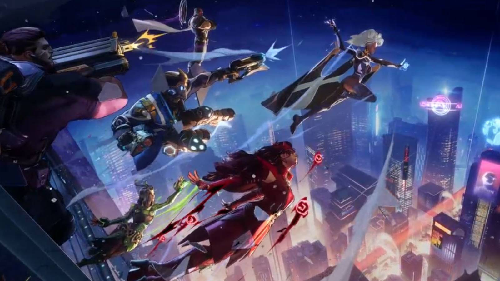 A promotional image of various characters fighing across a nightime city in Marvel Rivals.
