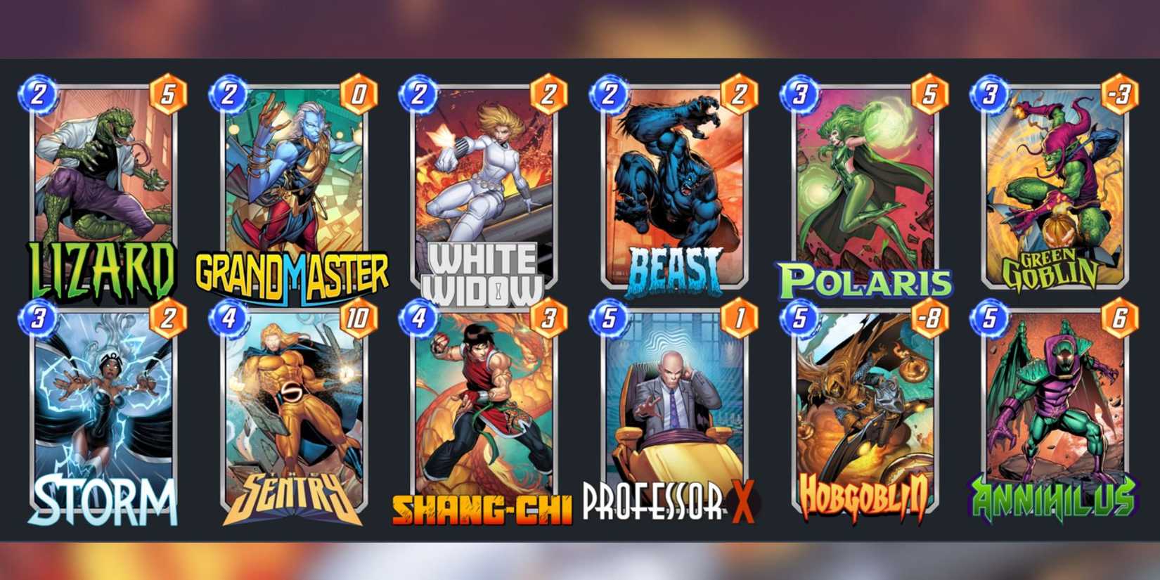A deck of cards featuring heroes and villains in Marvel Snap