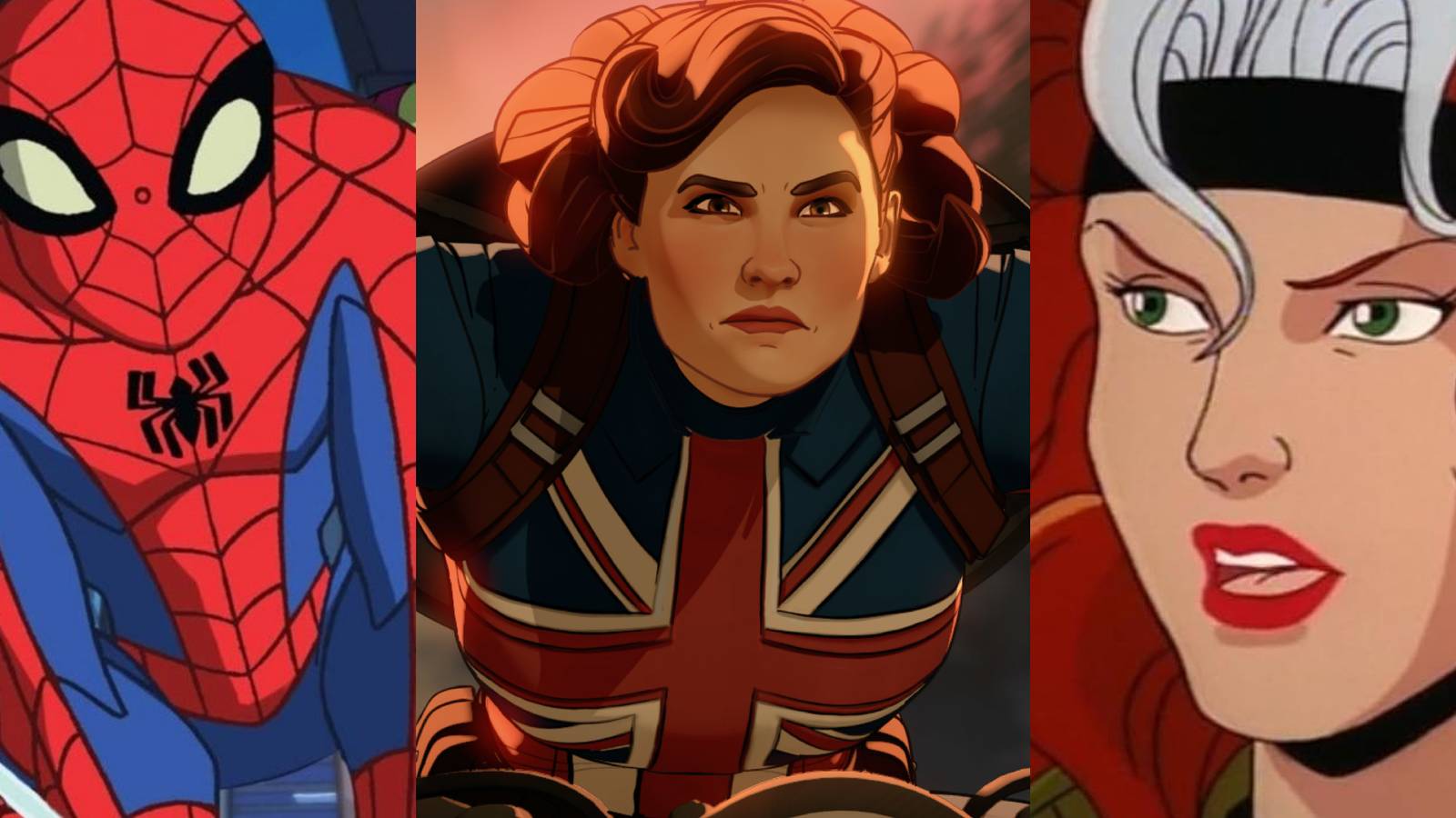 Spectacular Spider-Man swinging; Captain Carter riding a motorcycle; Rogue talking