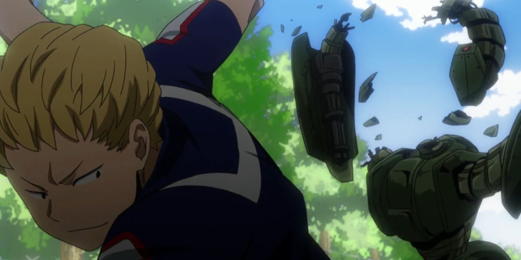 Mashirao Ojiro destroying robots in My Hero Academia