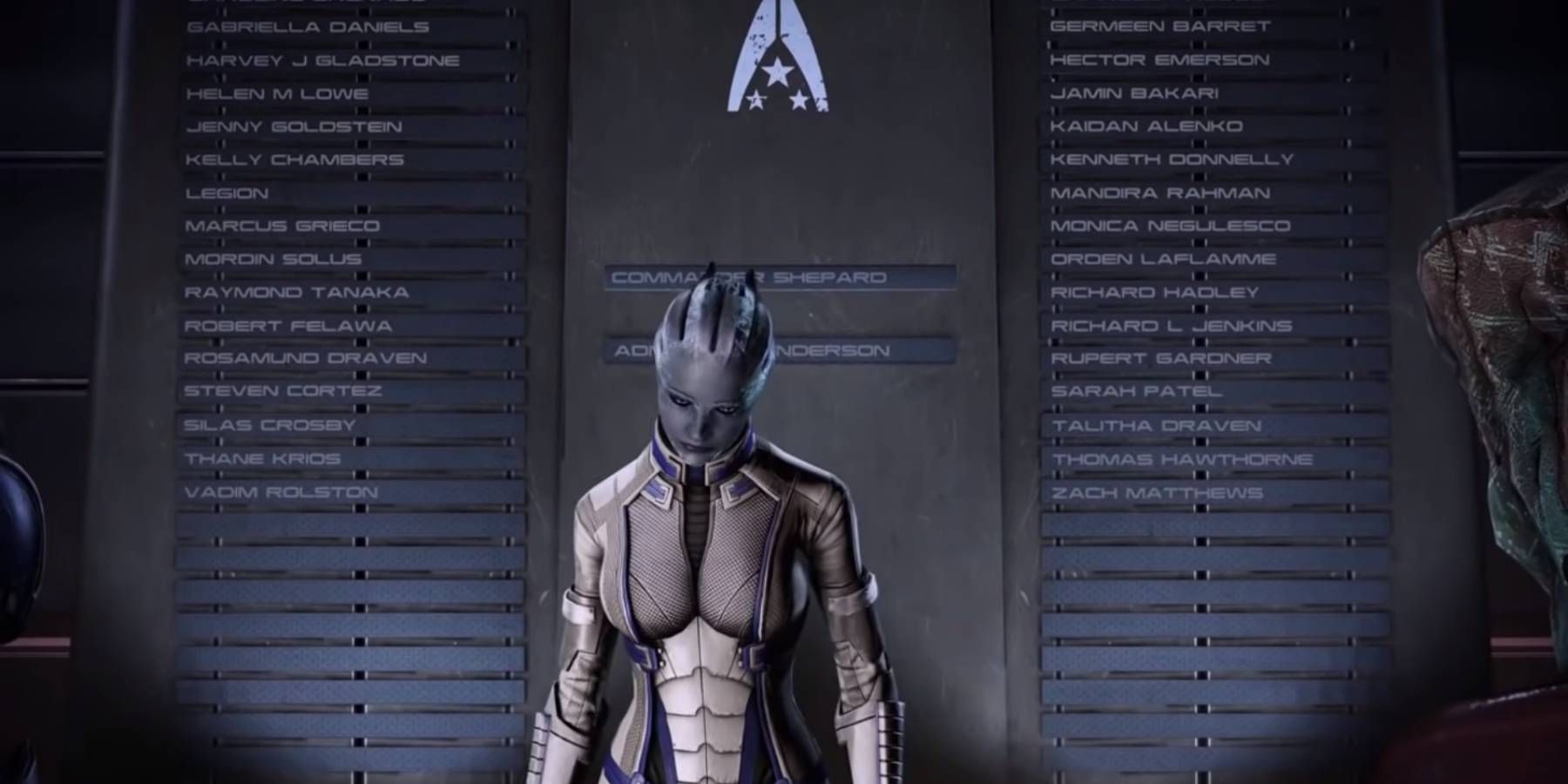 Liara walking away from the Normandy's memorial wall in the ending of Mass Effect 3