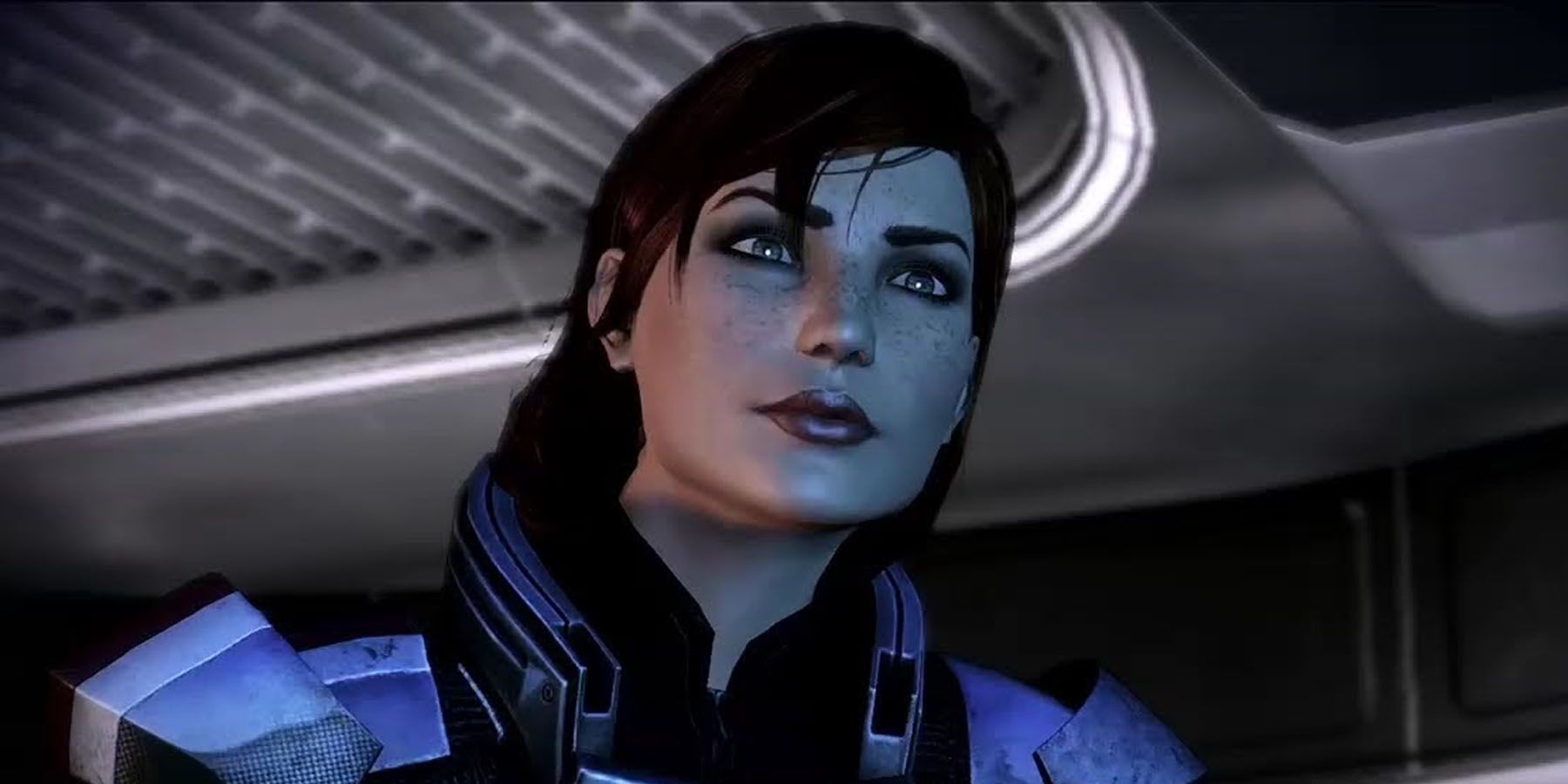 A close-up of the female Commader Shepard in Mass Effect 3.