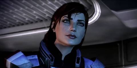 A close-up of the female Commader Shepard in Mass Effect 3.
