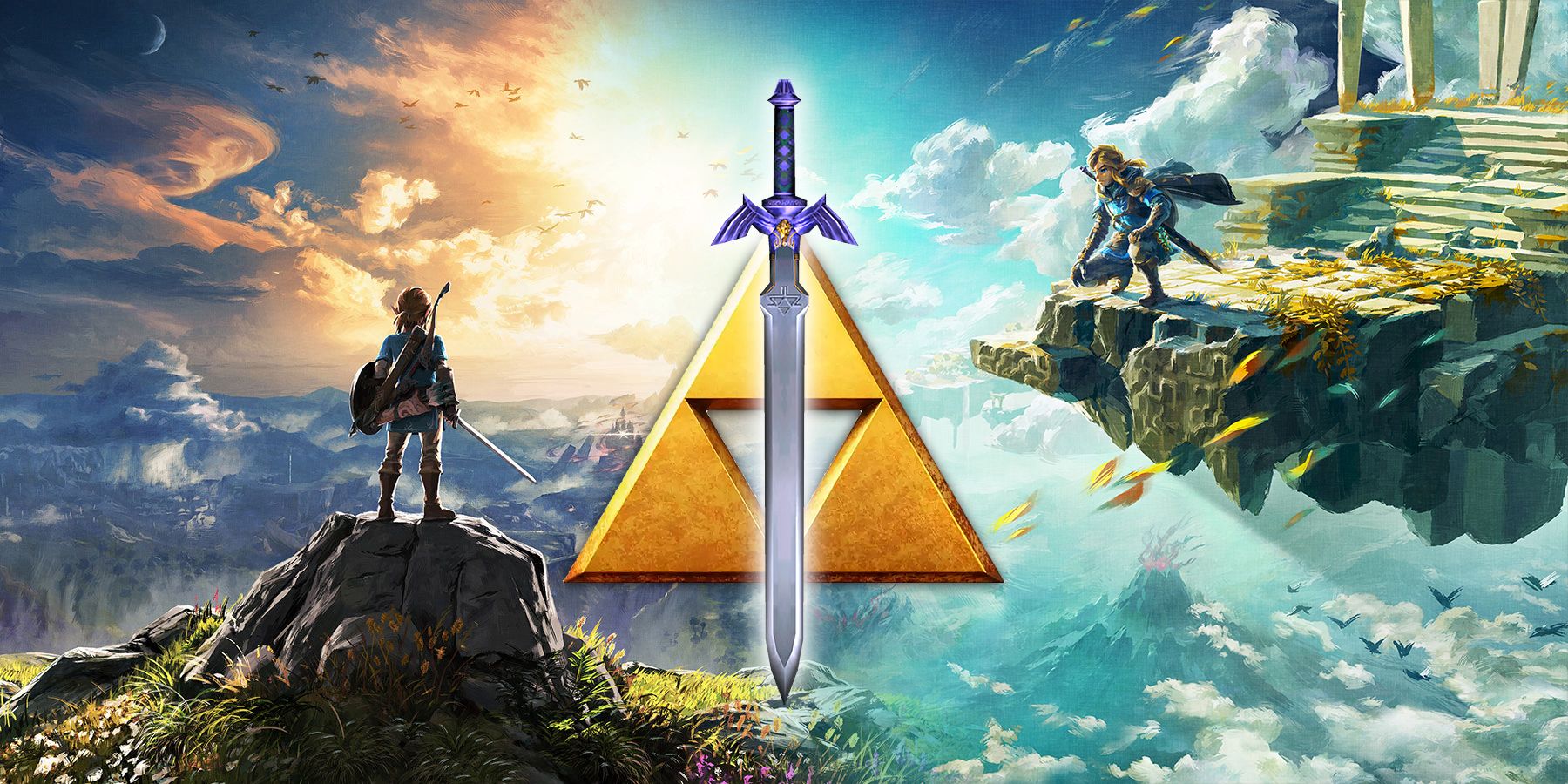 Master Sword and Triforce in front of Breath of the Wild and Tears of the Kingdom key art
