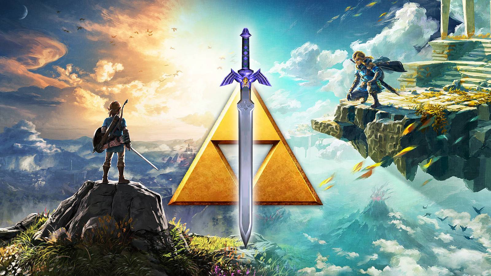 Master Sword and Triforce in front of Breath of the Wild and Tears of the Kingdom key art