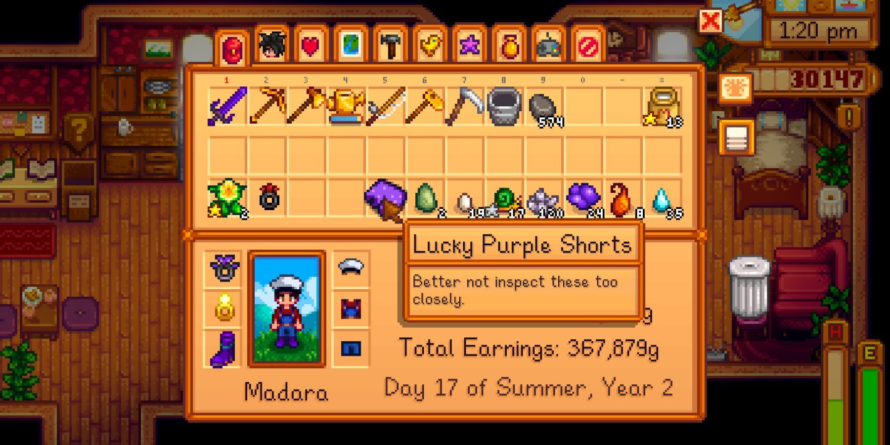 The in-game description of Lucky Purple Shorts in Stardew Valley
