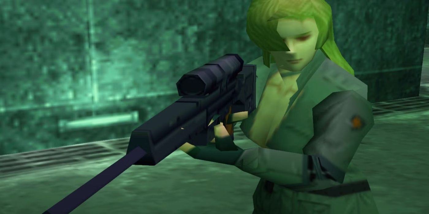 Sniper Wolf aiming a sniper rifle in Metal Gear Solid
