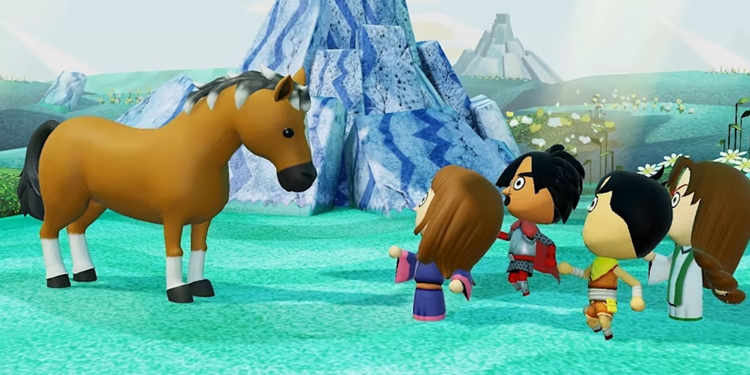 Miitopia Gameplay Custom Characters Interacting with a Horse