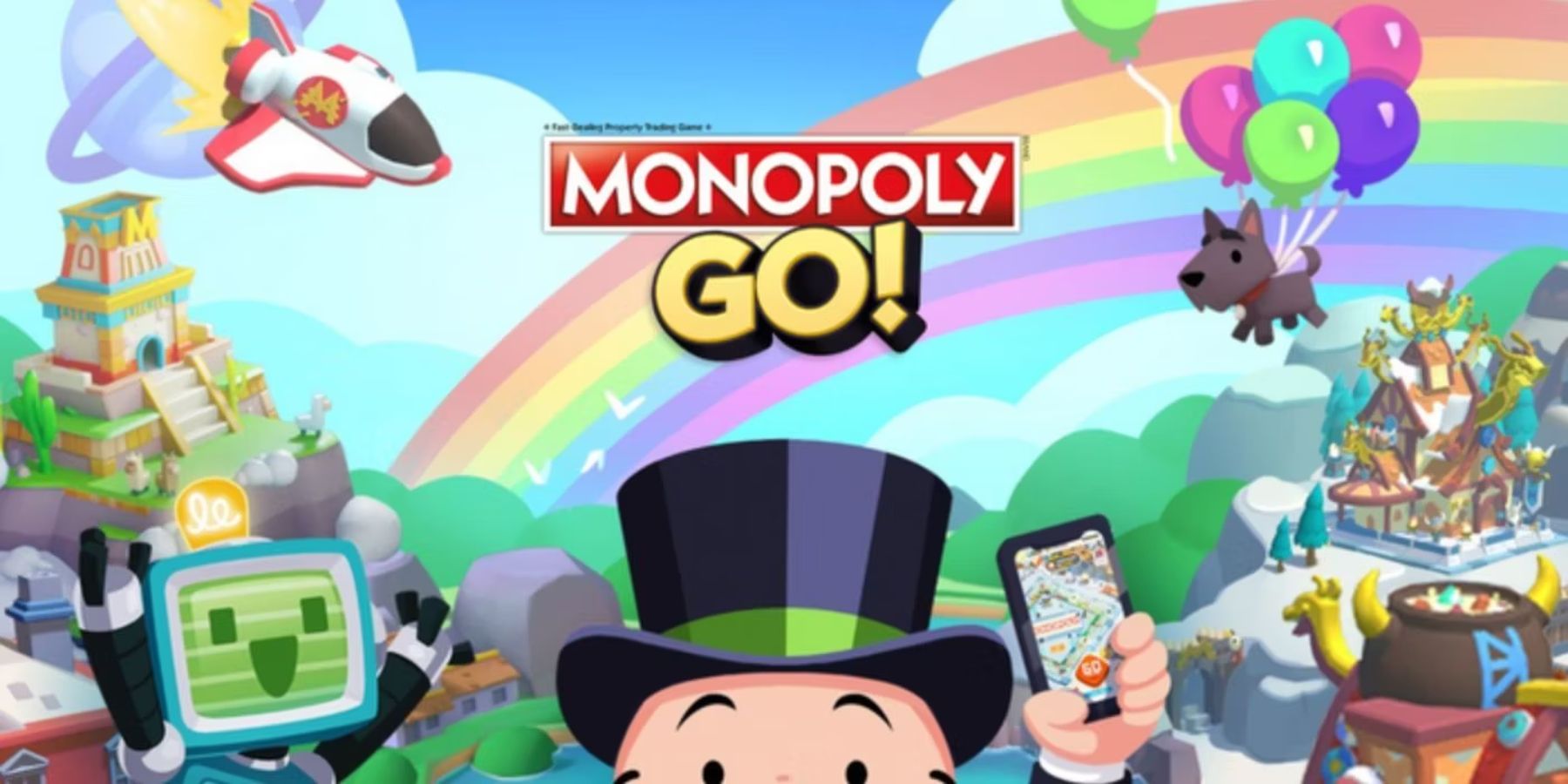 Milburn Pennybags holding a mobile phone in front of the Monopoly GO! logo