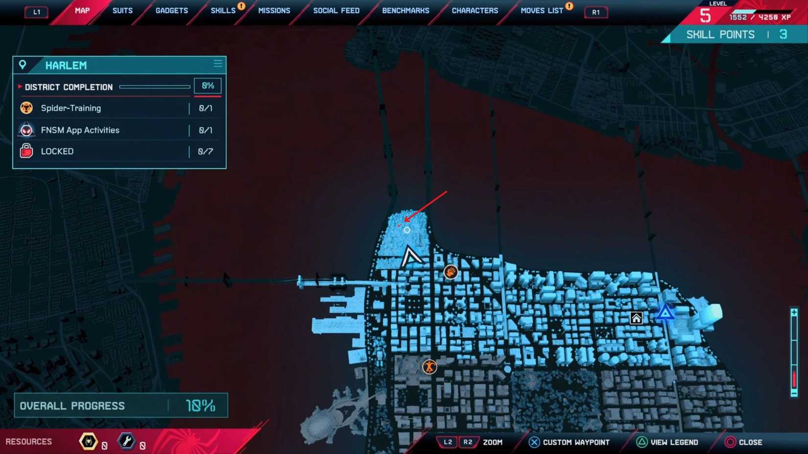 The map from Spider-Man: Miles Morales showing the location of his father's grave