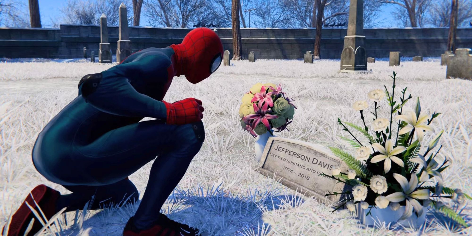 Miles Morales as Spider-Man paying respects at his father's grave.