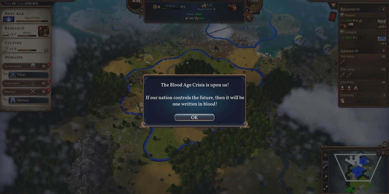 A message with the word "The Blood Age Crisis is upon us!" from Millennia