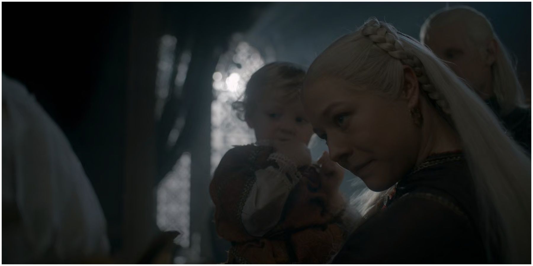 Rhaenyra holding Prince Viserys in House of the Dragon.