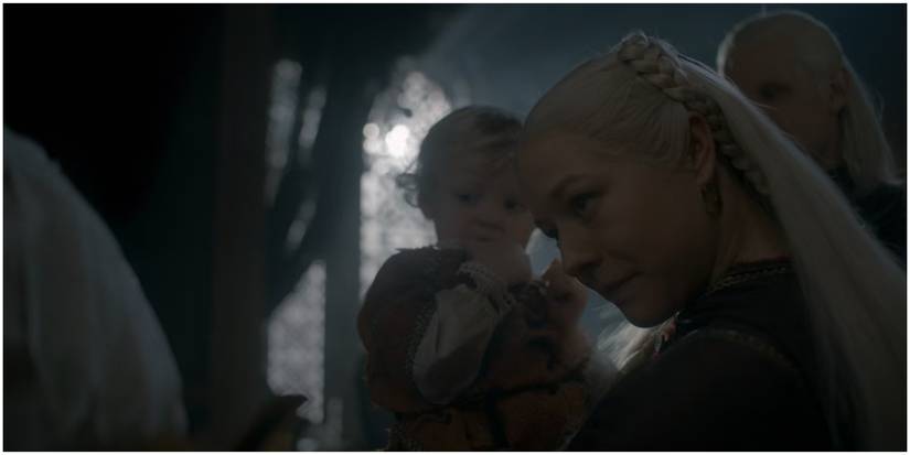 Rhaenyra holding Prince Viserys in House of the Dragon.