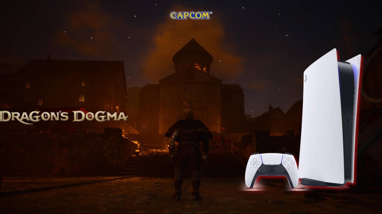 Dragon's Dogma Vernworth background at night with PS5 png to the right (Source: Sony)