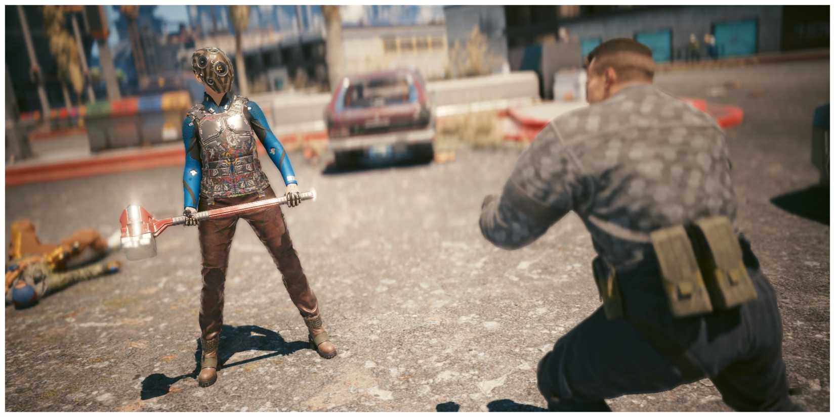 V wielding the Hammer blunt weapon