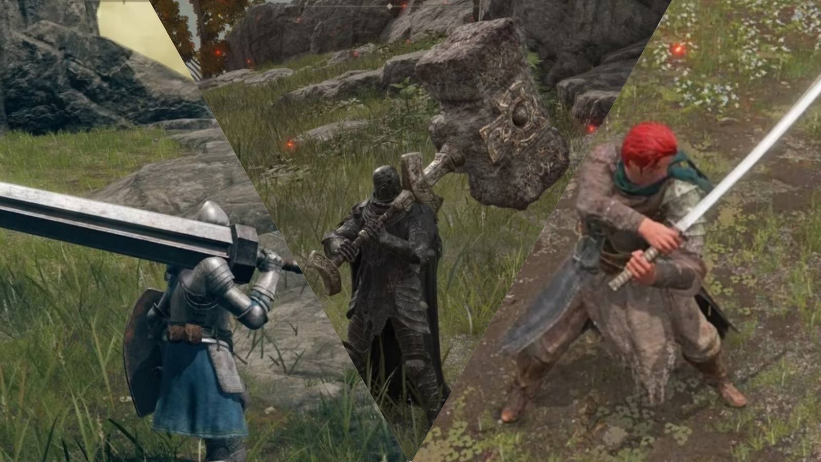 Elden Ring players holding Greatsword, Giant-Crusher, and Uchigatana