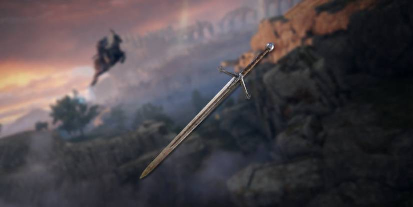 Elden Ring Claymore in foreground with Limgrave background