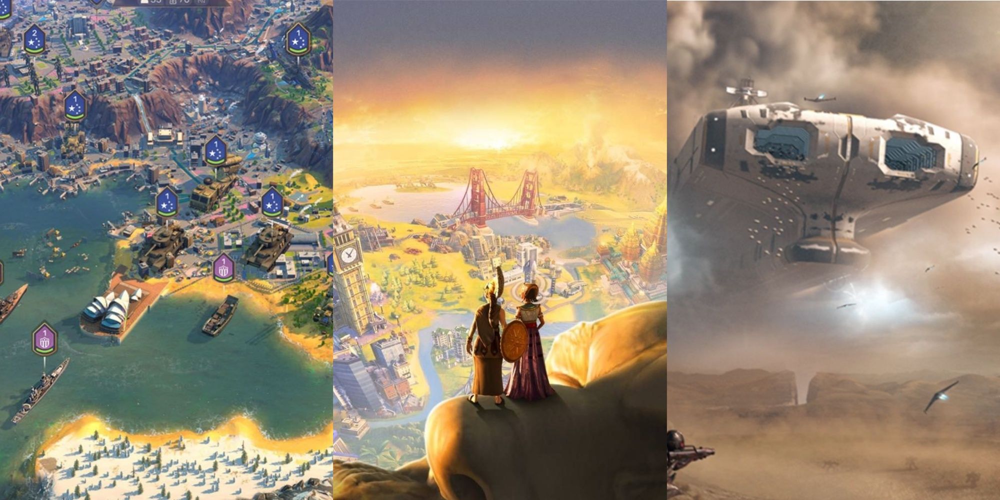 A trisplit of the map in Humankind, two people looking over a civilization in Civilization 6 and a spaceship in Endless Space 2