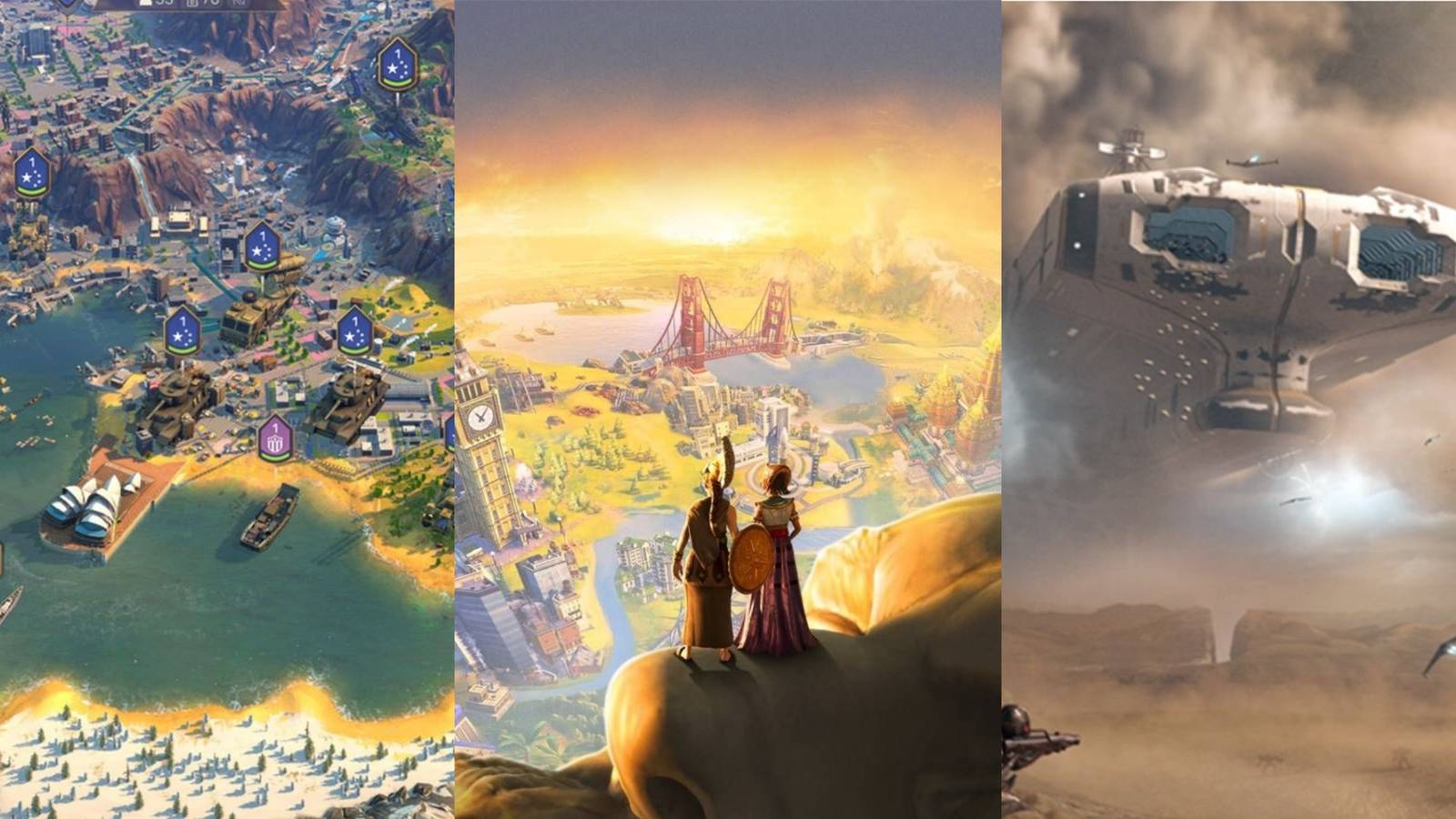 A trisplit of the map in Humankind, two people looking over a civilization in Civilization 6 and a spaceship in Endless Space 2