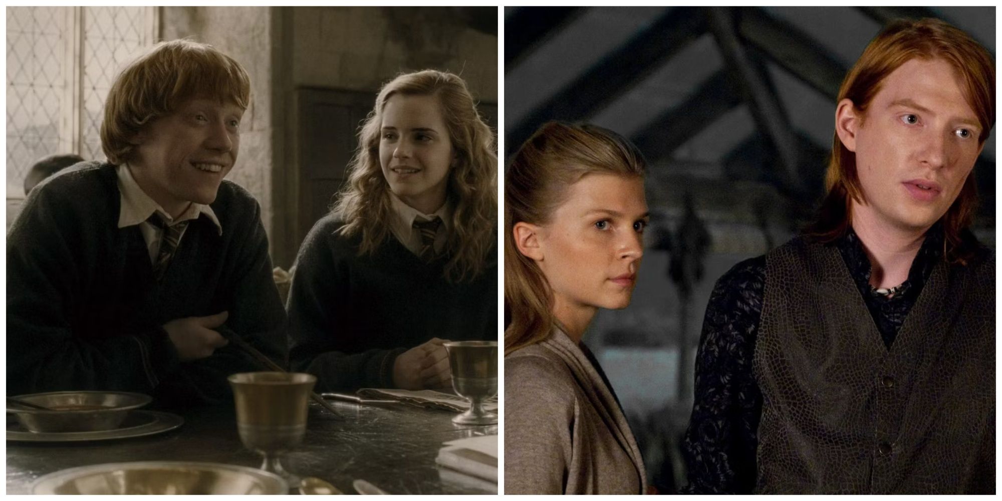 Split-image showing two couples from Harry Potter.