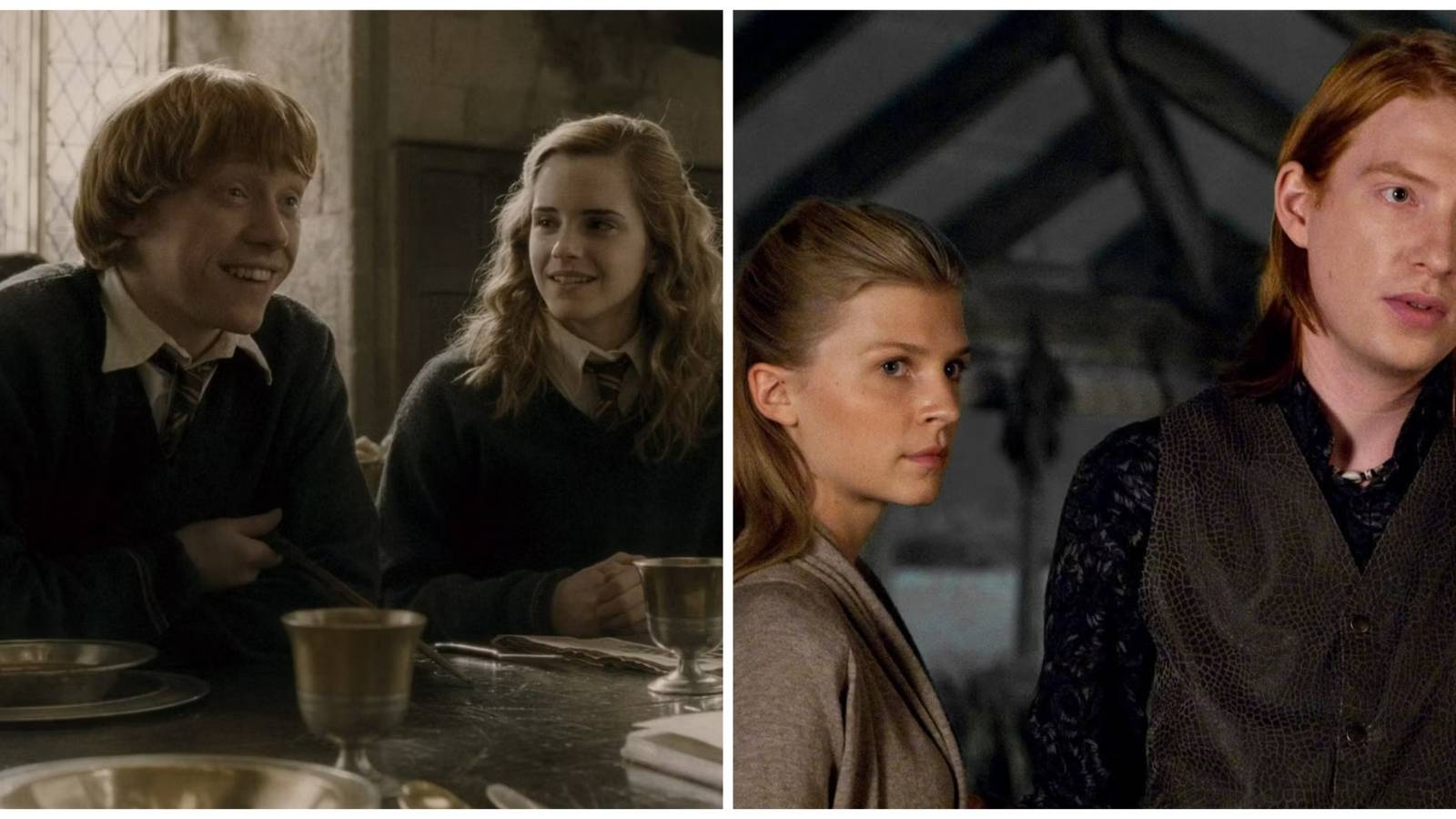 Split-image showing two couples from Harry Potter.