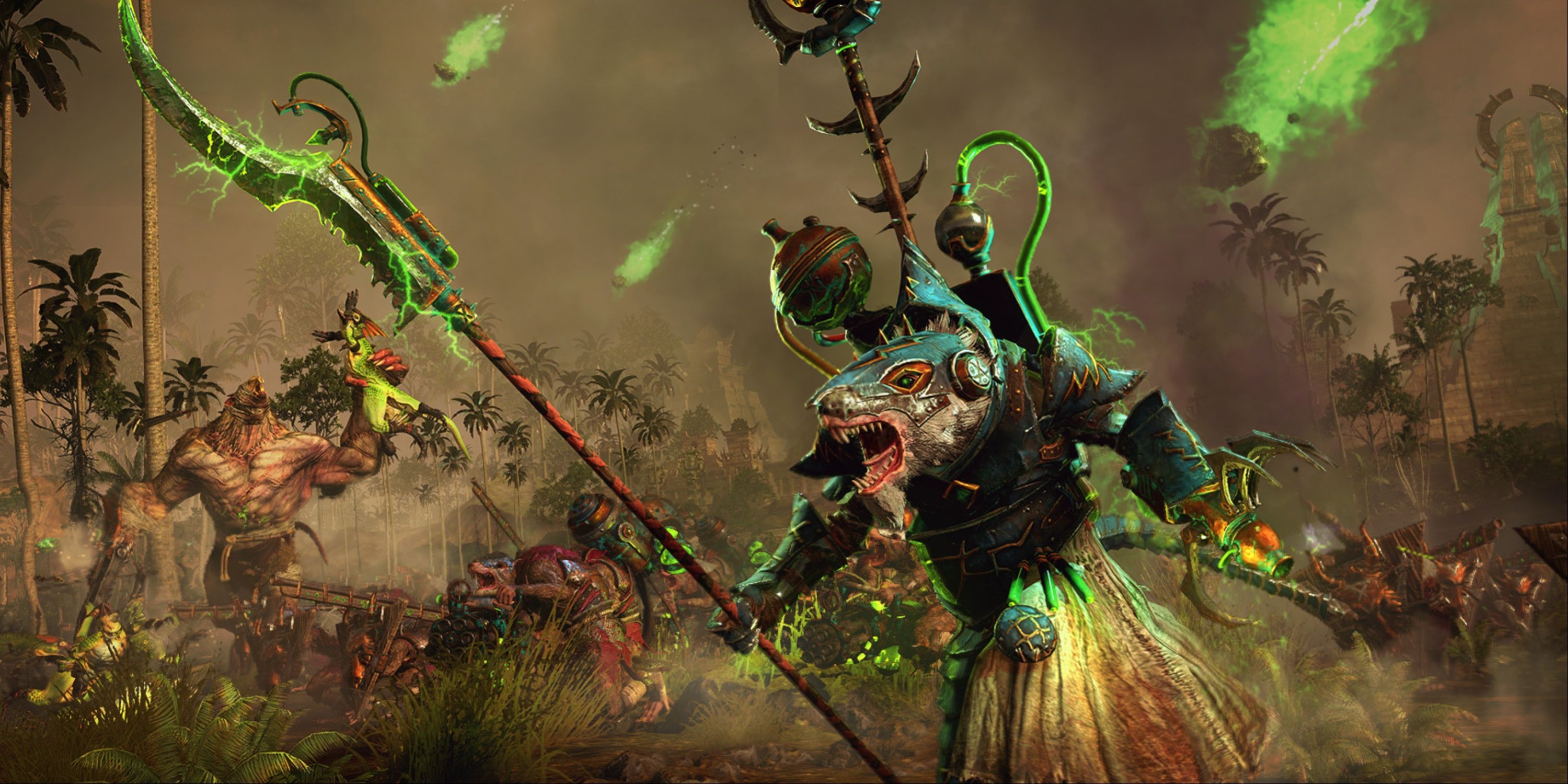 Total War Warhammer III: Ikit Claw, warlock engineer, in front of his skaven army. Promo image for prophet and warlock dlc