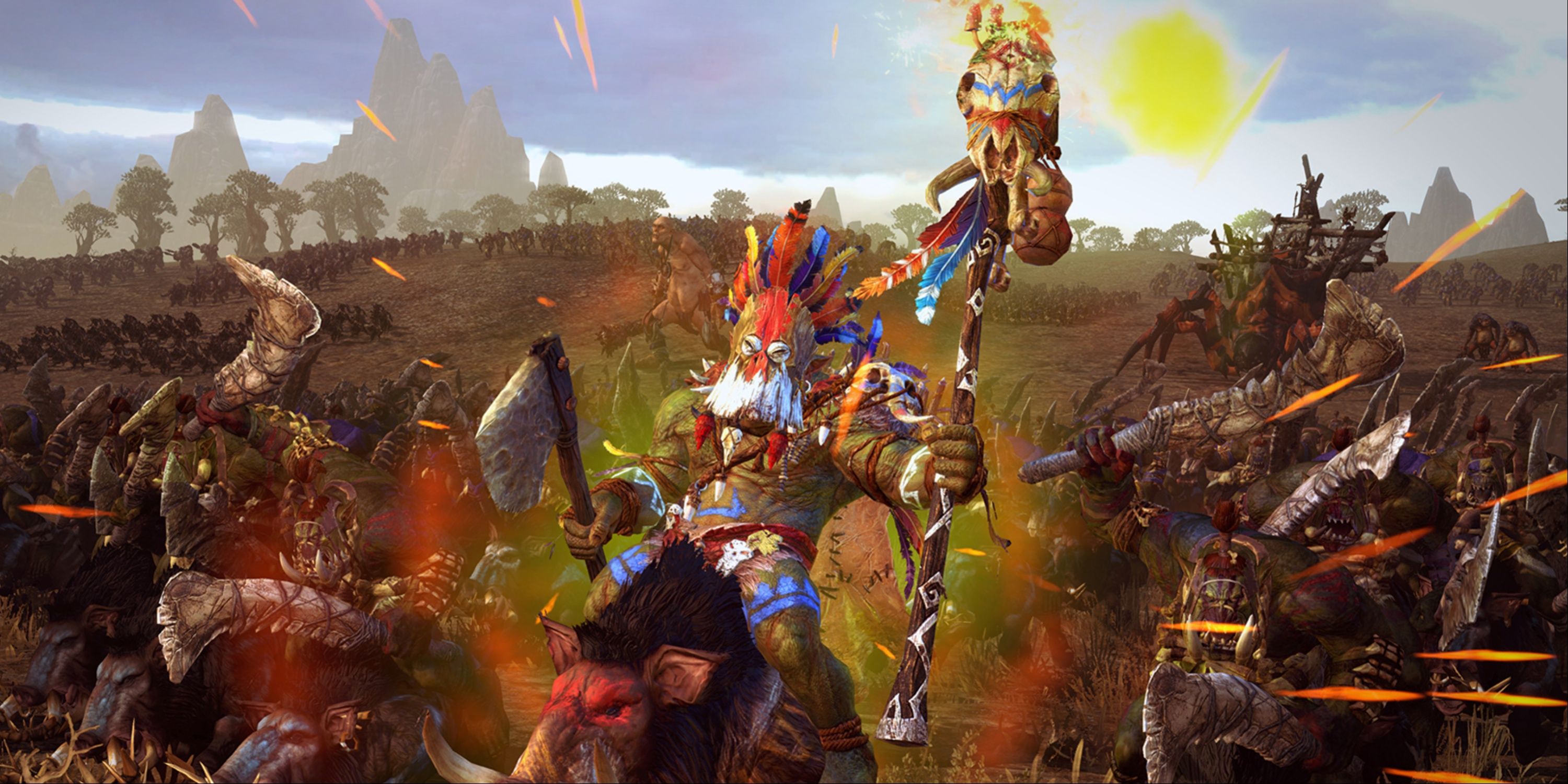 Total War Warhammer III: Wurrzag Da Great Green Prophet in battle atop his warboar mount