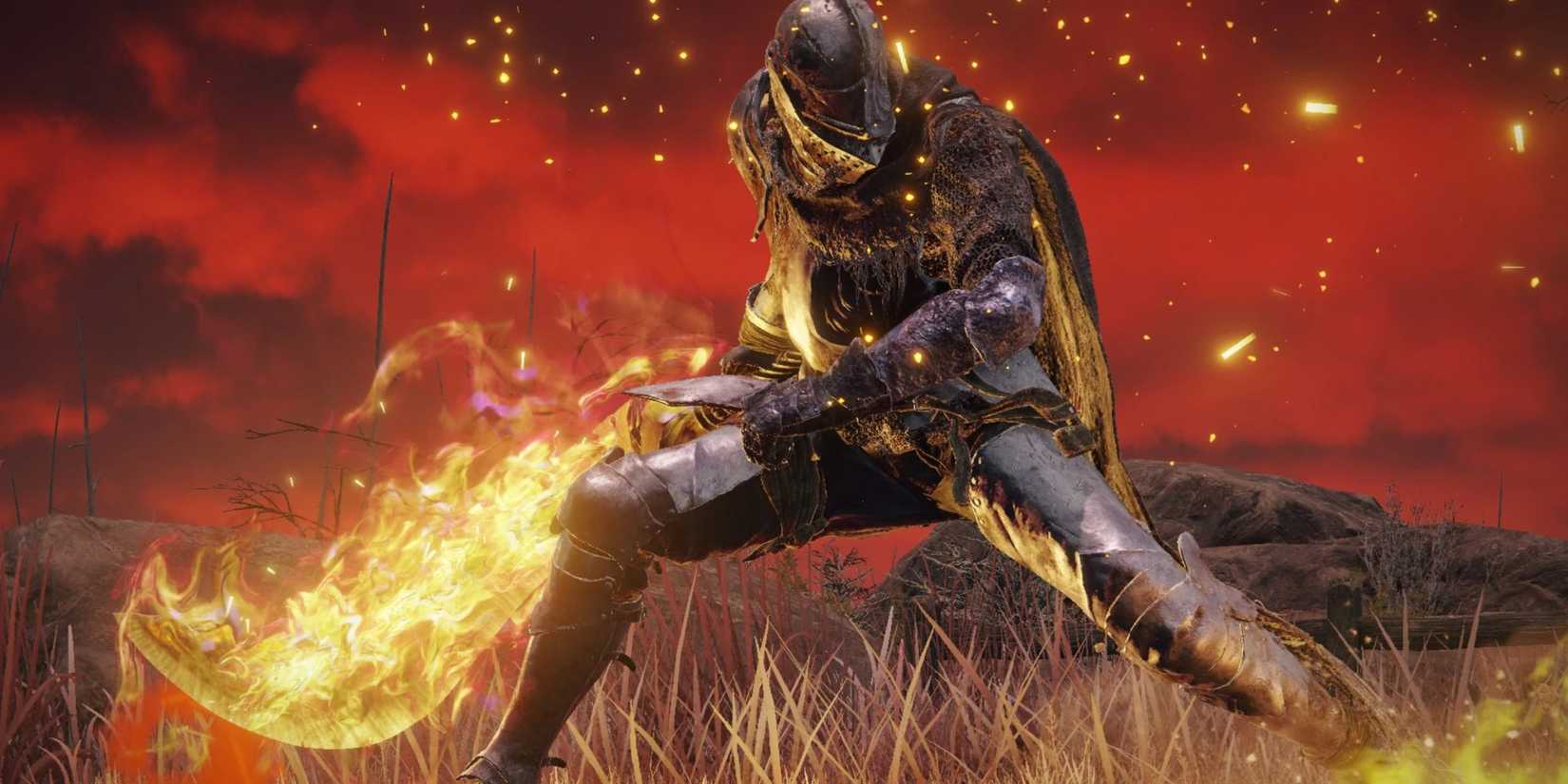 Elden Ring Tarnished with a Sword on Fire in Fighting Stance