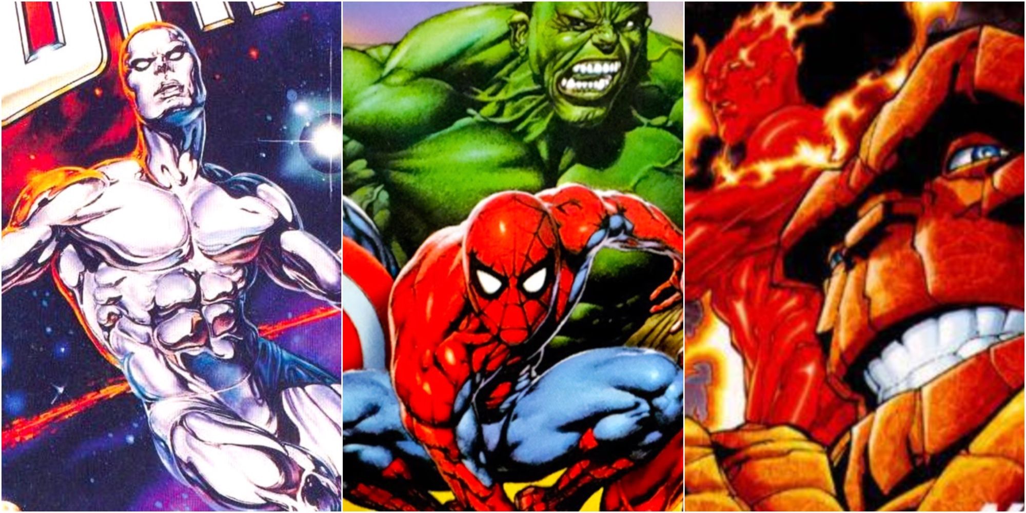 Silver Surfer, Spider Man, The Thing and Jonny Flame 