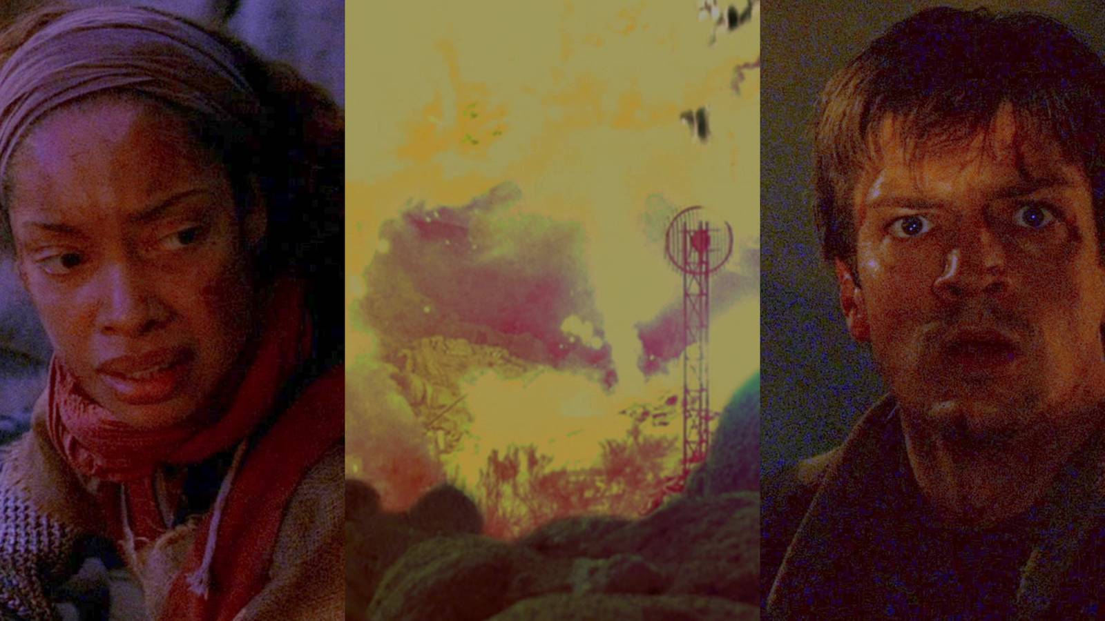 Firefly 3-Split images of battle-worn Zoe, a large explosion, and shocked Malcolm 