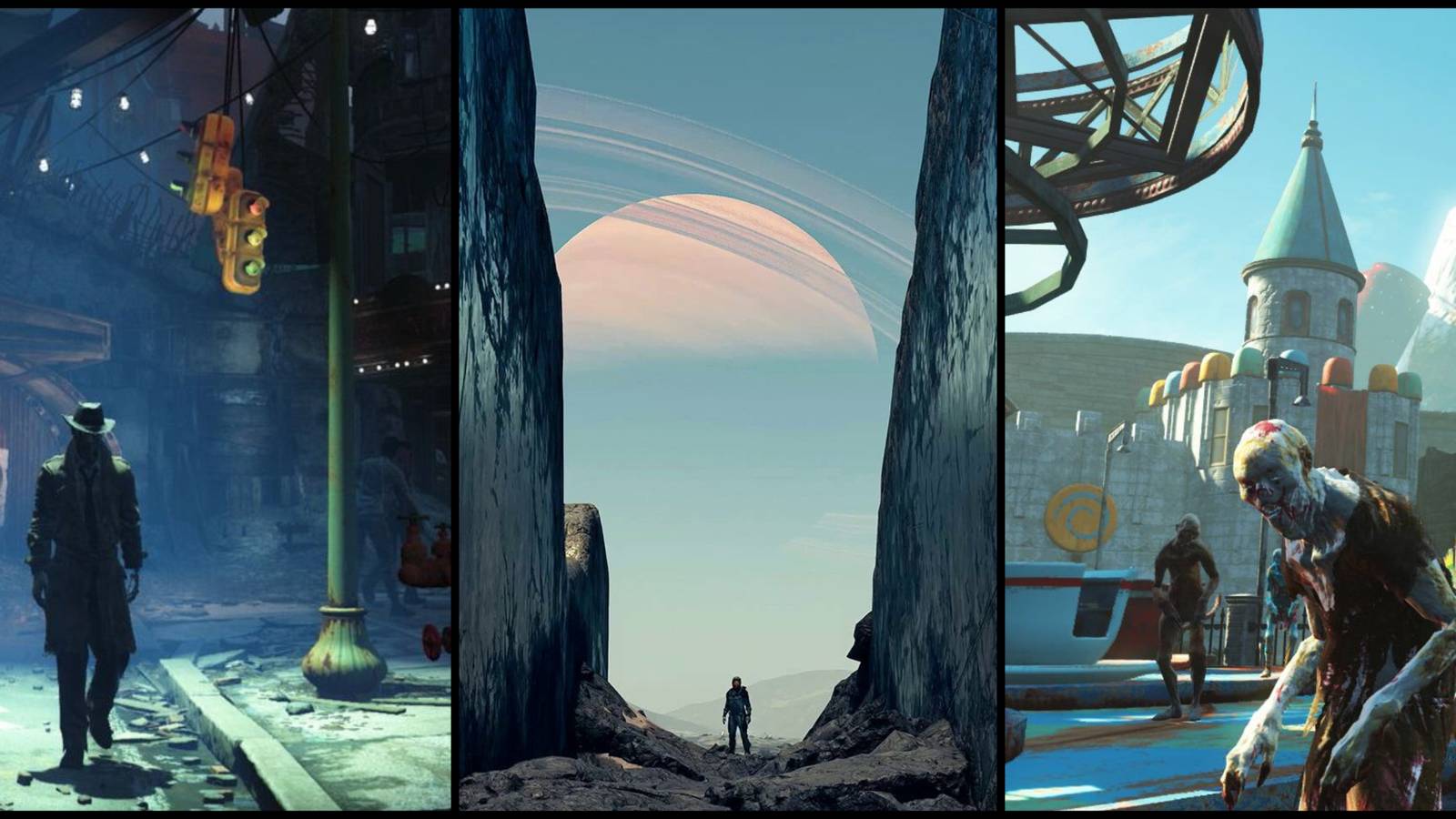 Screenshots from Fallout 4 (Nick Valentine walks in the shadows), Starfield (the protagonist stands in a narrow crator), and the Fallout 4: Nuka-World (a ghoul wanders during the day)