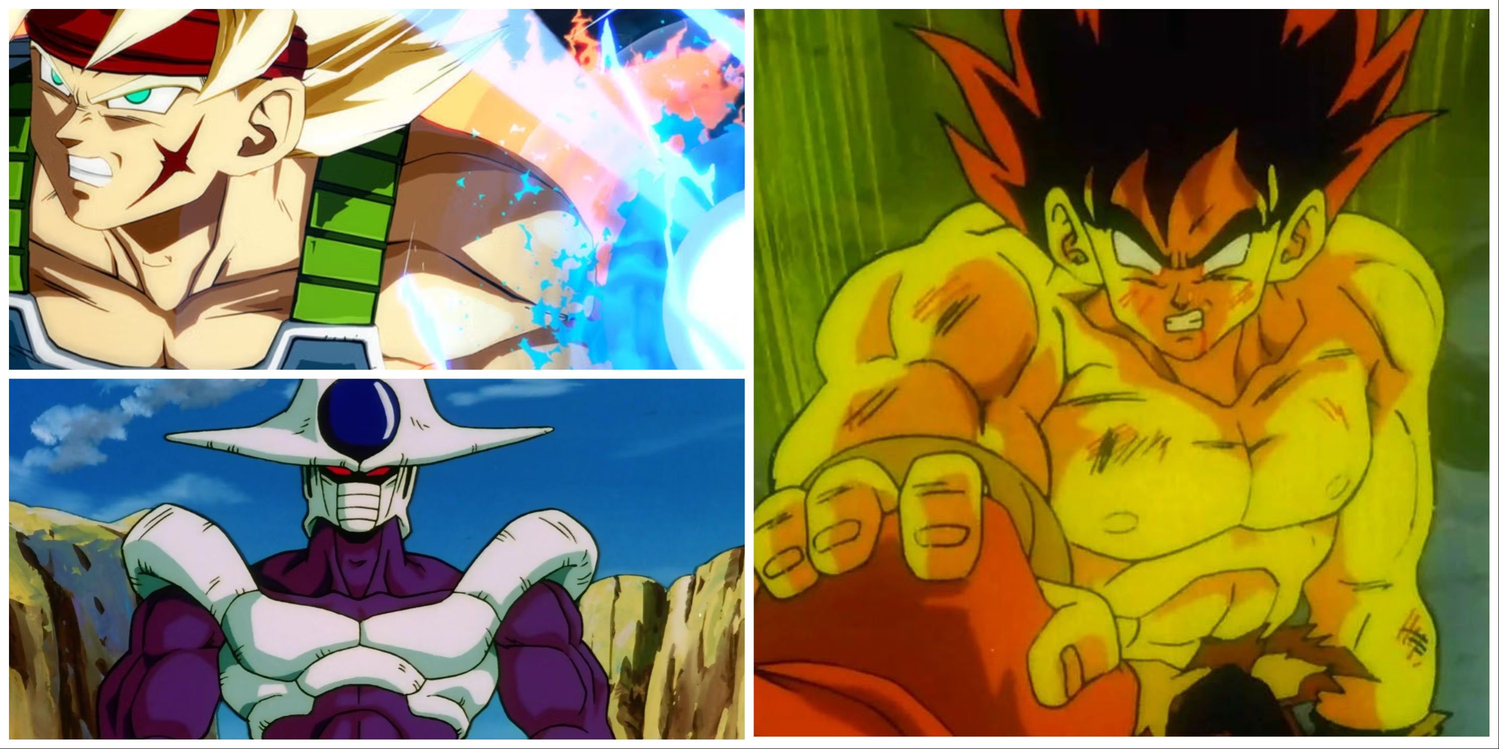 A collage of three images, including Super Saiyan Bardock, Cooler, and False Super Saiyan Goku