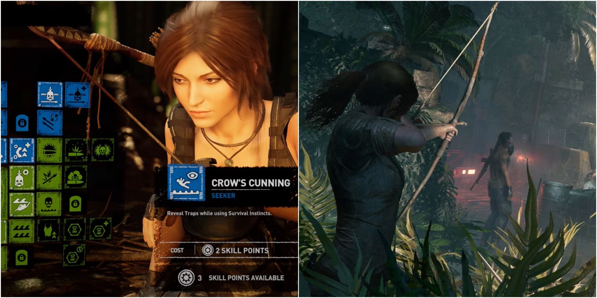 Lara next to a campfire and firing an arrow at an enemy from behind 