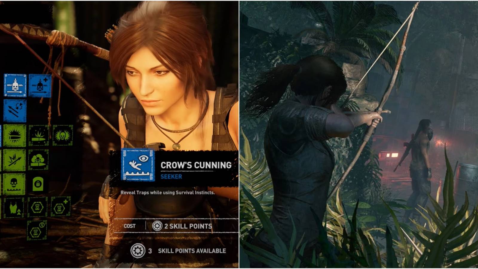 Lara next to a campfire and firing an arrow at an enemy from behind 