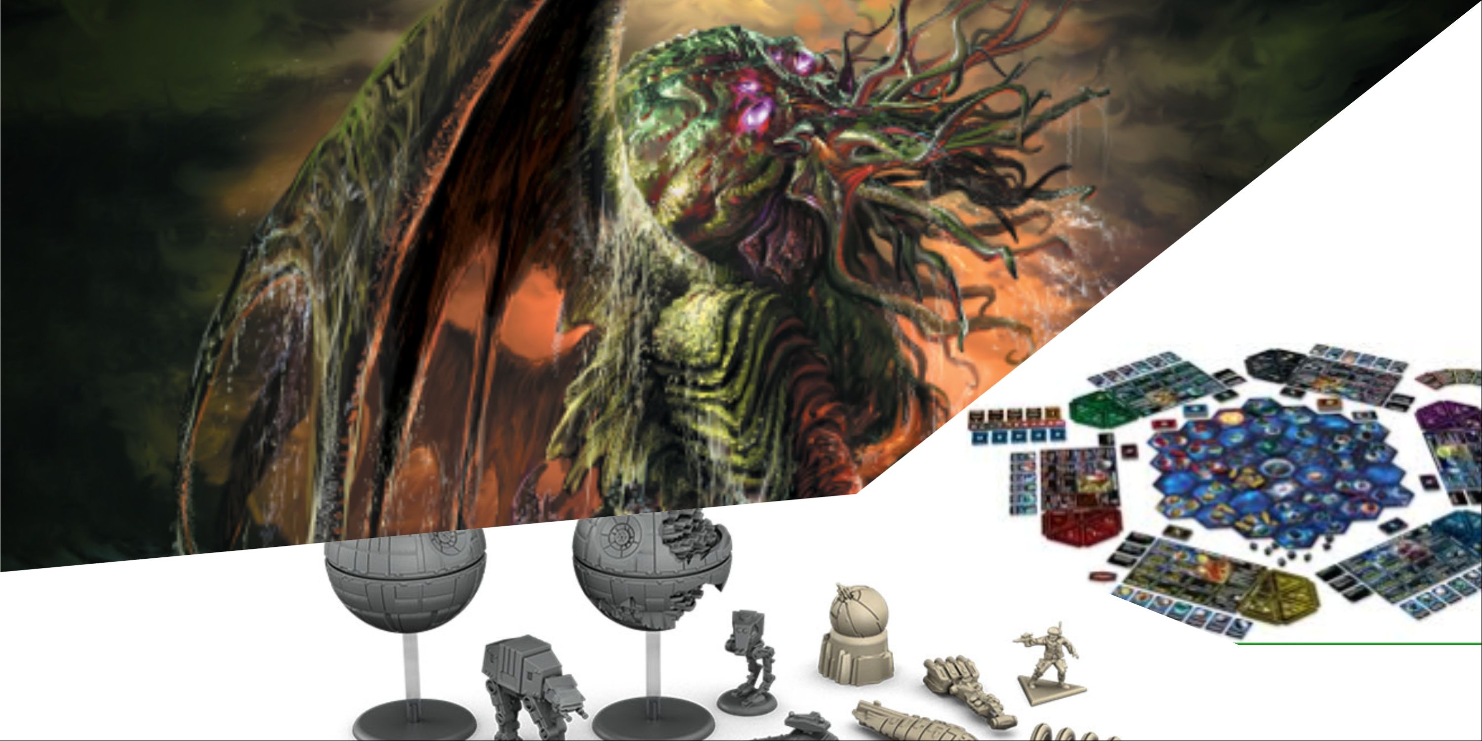 9 best Games Published By Fantasy Flight - Stars Wars Rebellion Components, Twilight imperium set Up and FF Cthulhu Art