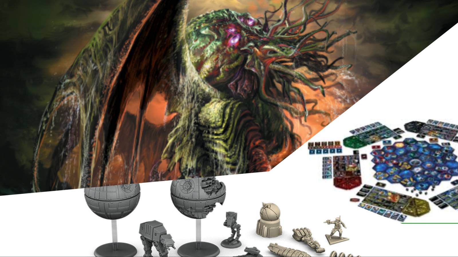 9 best Games Published By Fantasy Flight - Stars Wars Rebellion Components, Twilight imperium set Up and FF Cthulhu Art