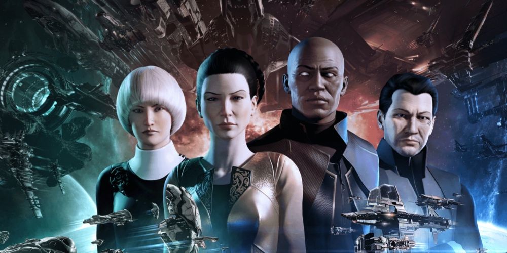 Eve Online Four Characters Standing in Front of a Spaceship Best Persistent World Games, Ranked