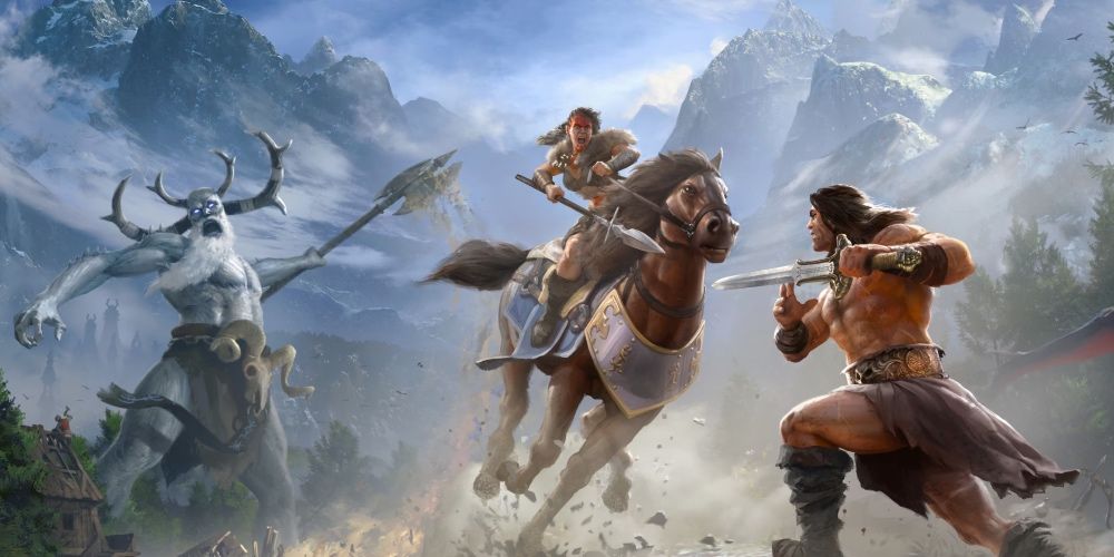 Conan Exiles characters battling with weapons and a horse Best Persistent World Games, Ranked
