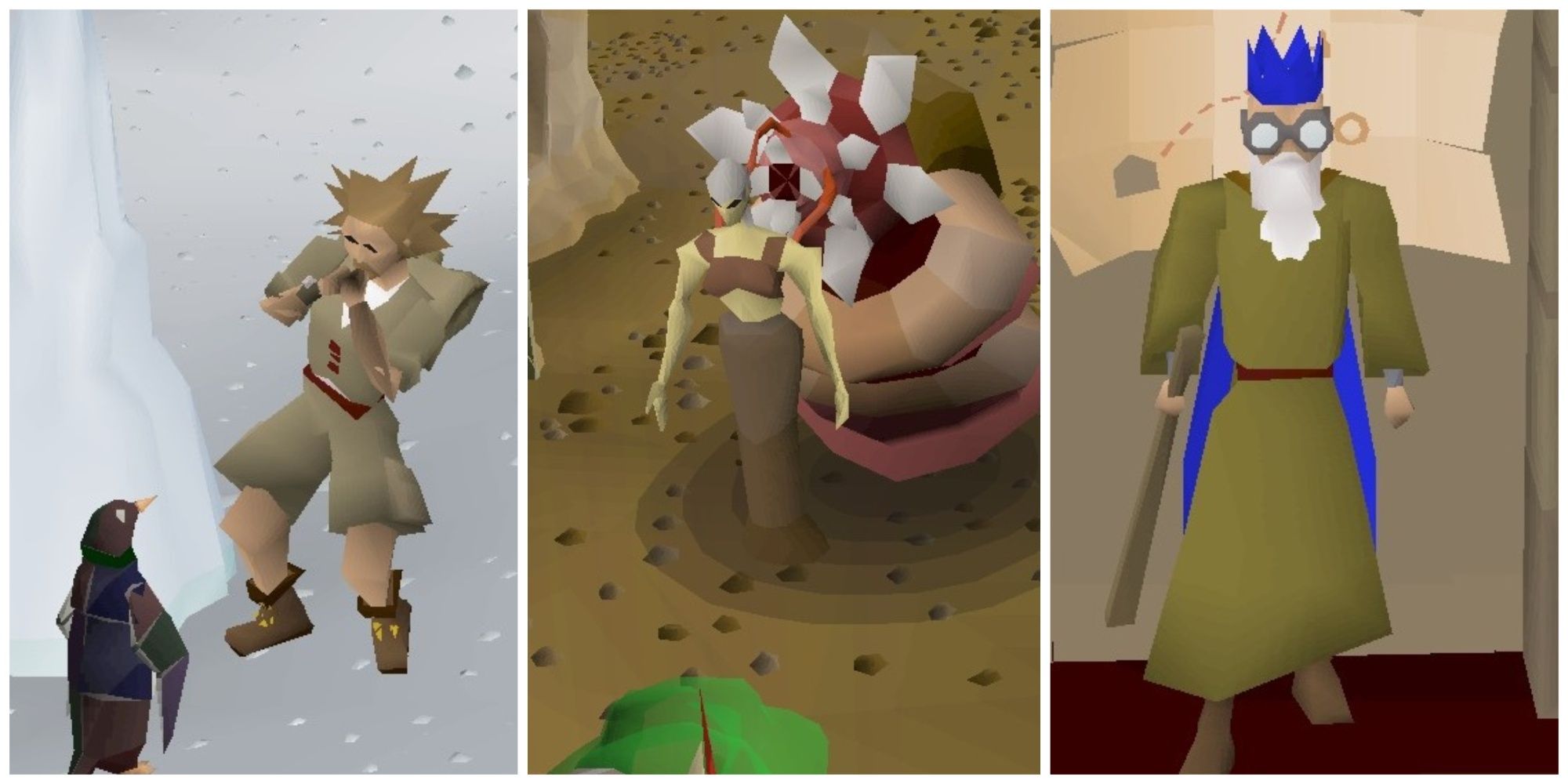 Split image showing images from Old RuneScape screenshots representing RS3 quests which should be backported (Hunt for Red Raktuber, Kennith's Concerns, and Love Story).