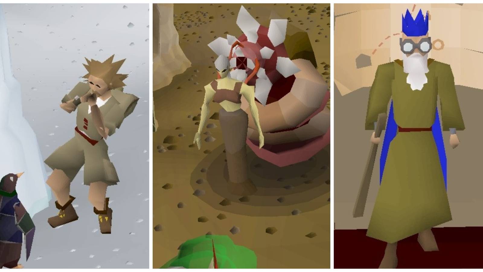 Split image showing images from Old RuneScape screenshots representing RS3 quests which should be backported (Hunt for Red Raktuber, Kennith's Concerns, and Love Story).