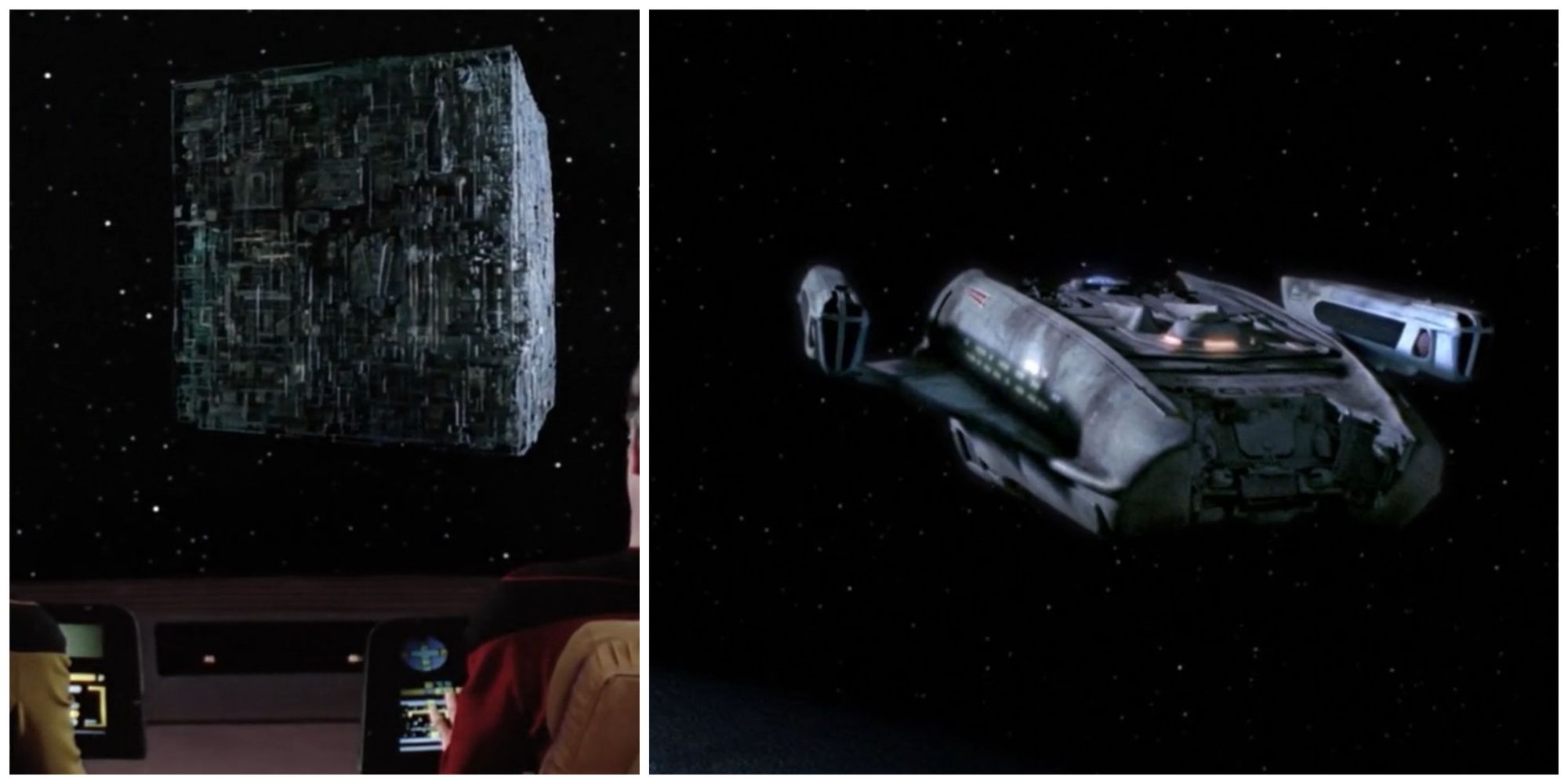 Split image showing two starships from Star Trek: The Next Generation: a Borg cube, and the USS Jenolan.