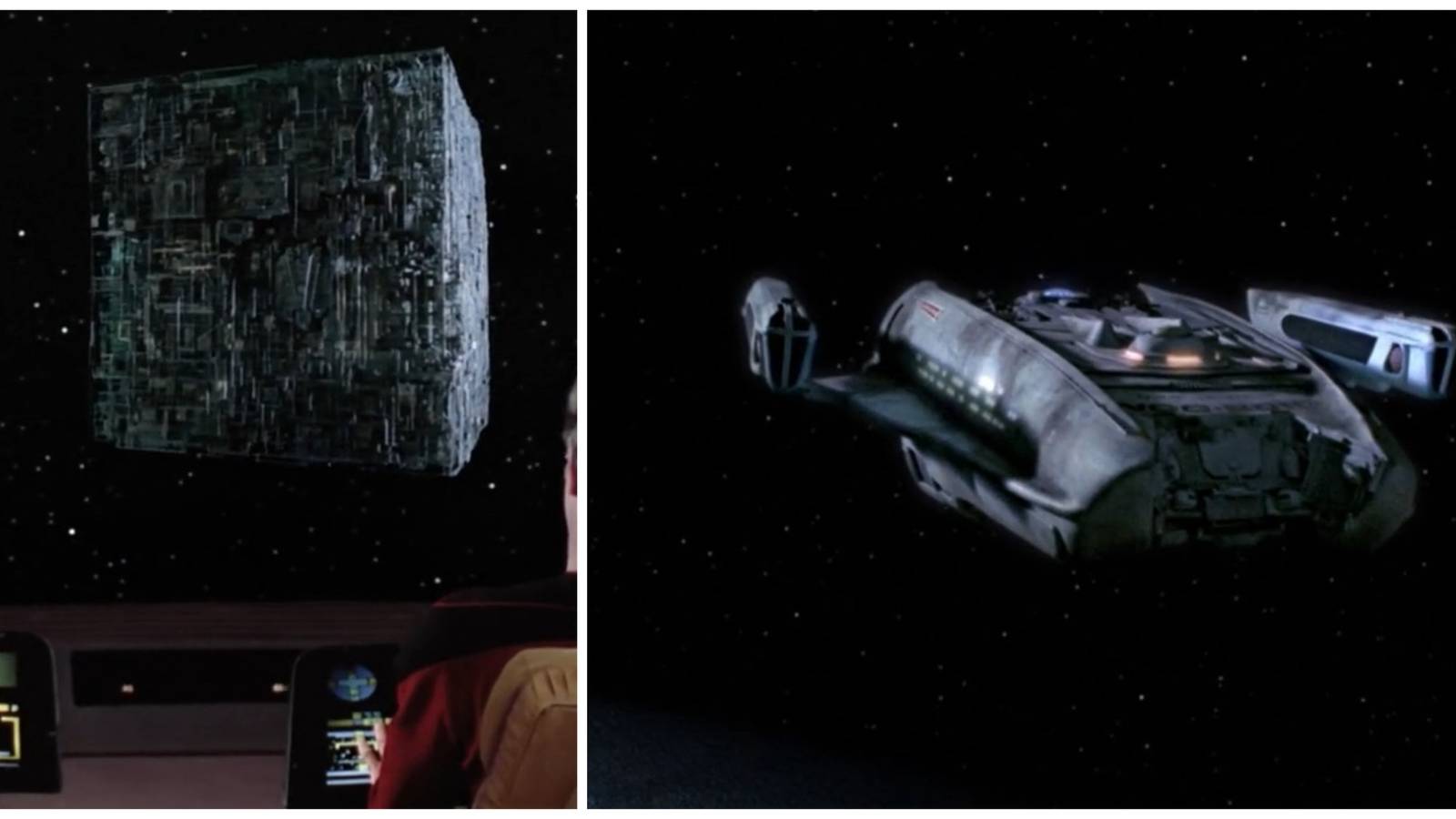 Split image showing two starships from Star Trek: The Next Generation: a Borg cube, and the USS Jenolan.