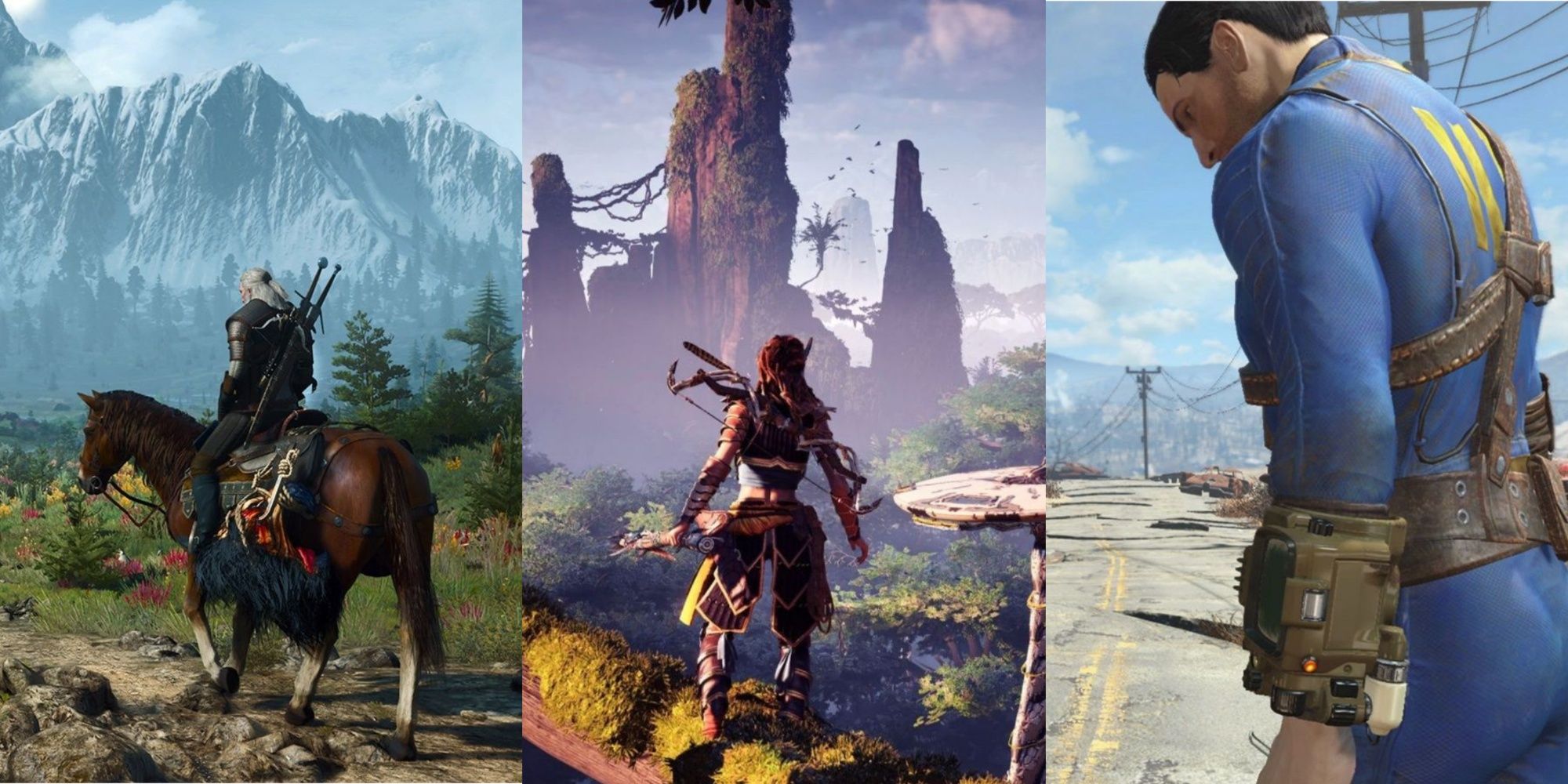 A trisplit of Geralt from The Witcher 3, Aloy from Horizon Zero Dawn and the Sole Survivor in Fallout 4